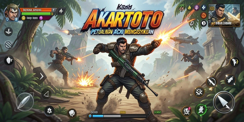 Screenshot utama AKARTOTO menampilkan aksi seru di medan tempur.