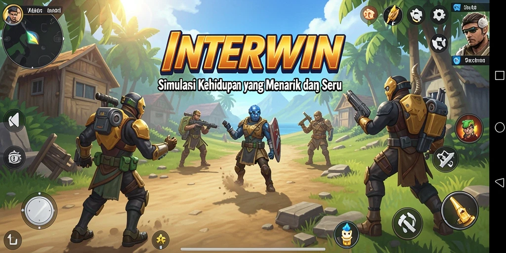 Tampilan gameplay INTERWIN dengan karakter dan dunia simulasi yang menarik.