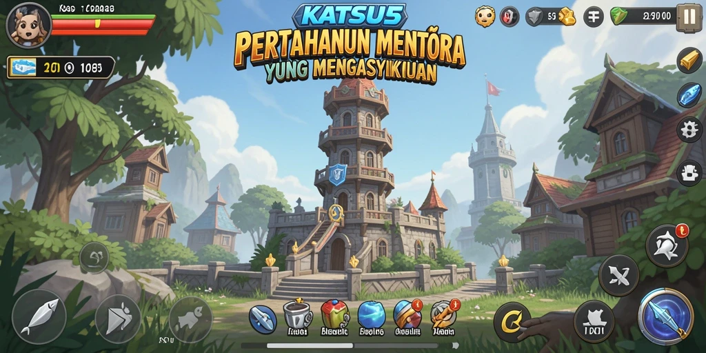 Screenshot gameplay KATSU5 menampilkan aksi pertahanan menara yang mendebarkan.